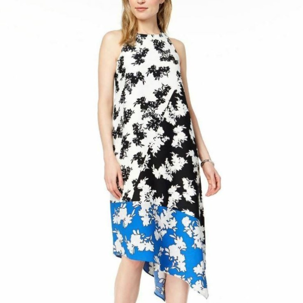 Alfani White Black Blue Floral Asymmetric Dress Petite Size 8